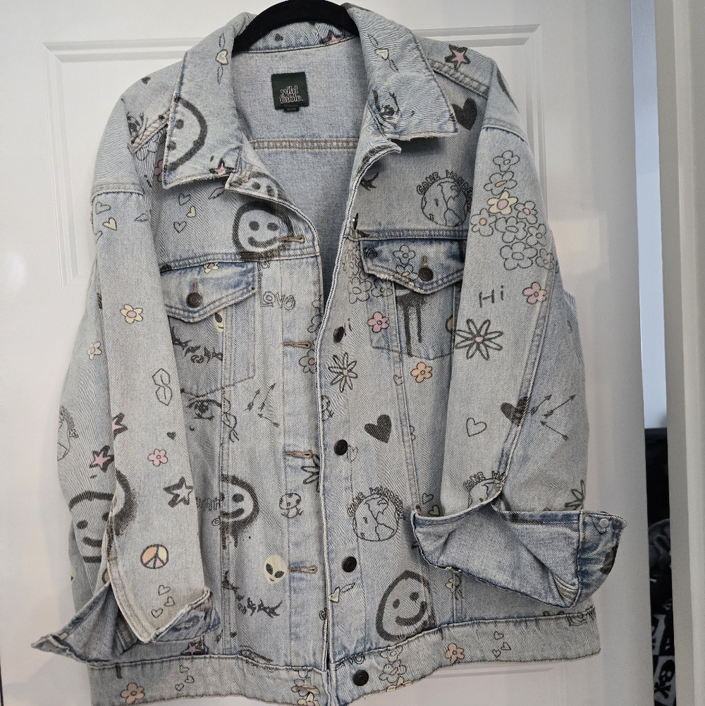 Oversized Denim Jacket With Doodles. Womens Size M - Picture 1 of 10